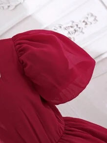 SHEIN Tween Girl Simple Puff Sleeve Dress, Spring/Summer New Arrival - Burgundy - View 3