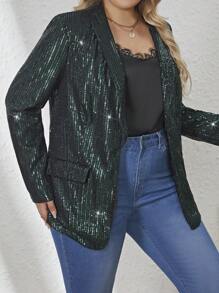 SHEIN Clasi Plus Size Shiny Lapel Sequin Blazer Jacket - Dark Green - View 4