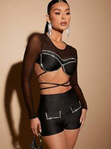 Hauture Rhinestone Tie Back Top & Shorts Two Piece Set - Black - View 3
