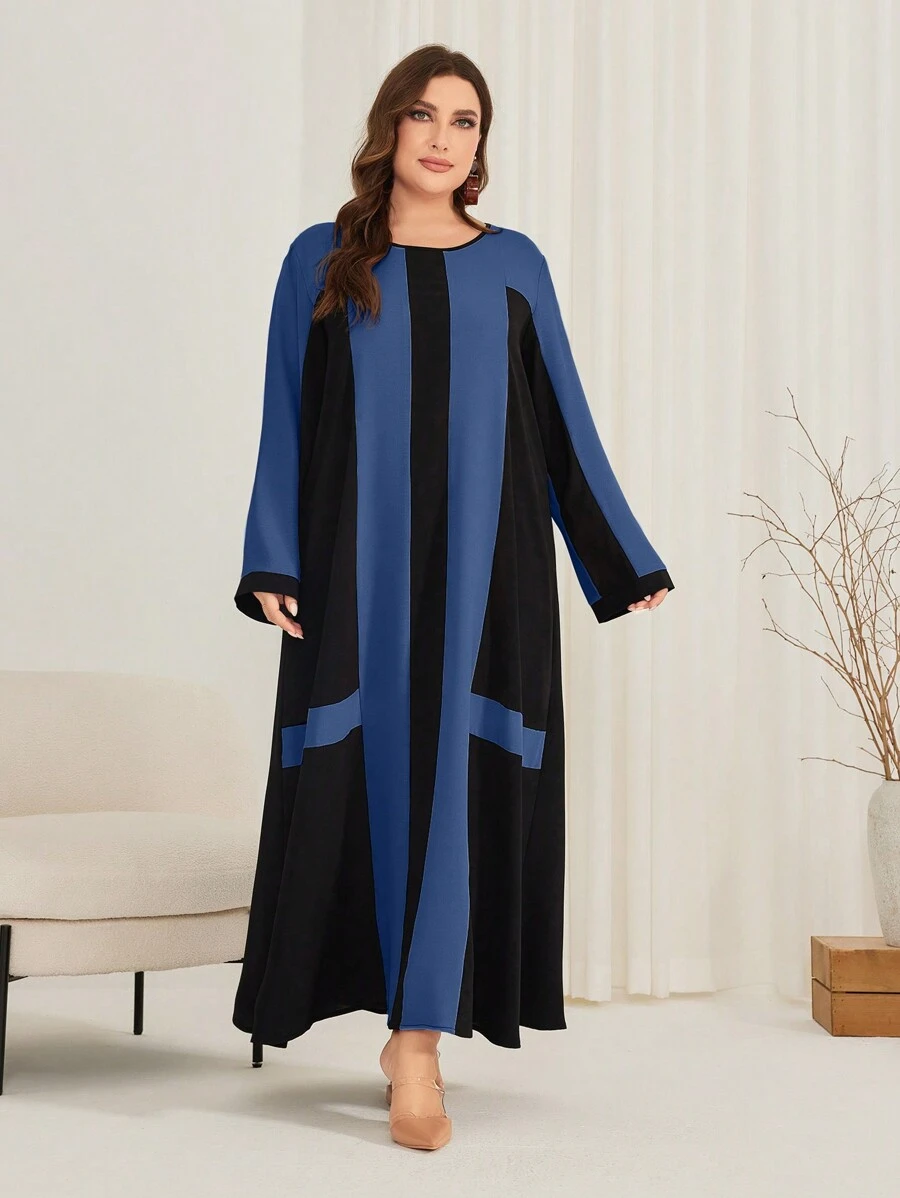 Al Najma Plus Size Women's Contrast Color Round Neck Long Sleeve Dress - Blue - View 1