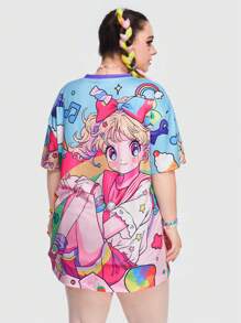 ROMWE Anime Colorful & Cute Cartoon Character Printed Plus Size Women's T-Shirt - Multicolor - View 3