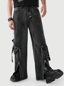 ROMWE MEN Grunge Punk Nam Chân thẳng Denim Quần jean Với túi Đồ trang trí - màu đen - Xem 1