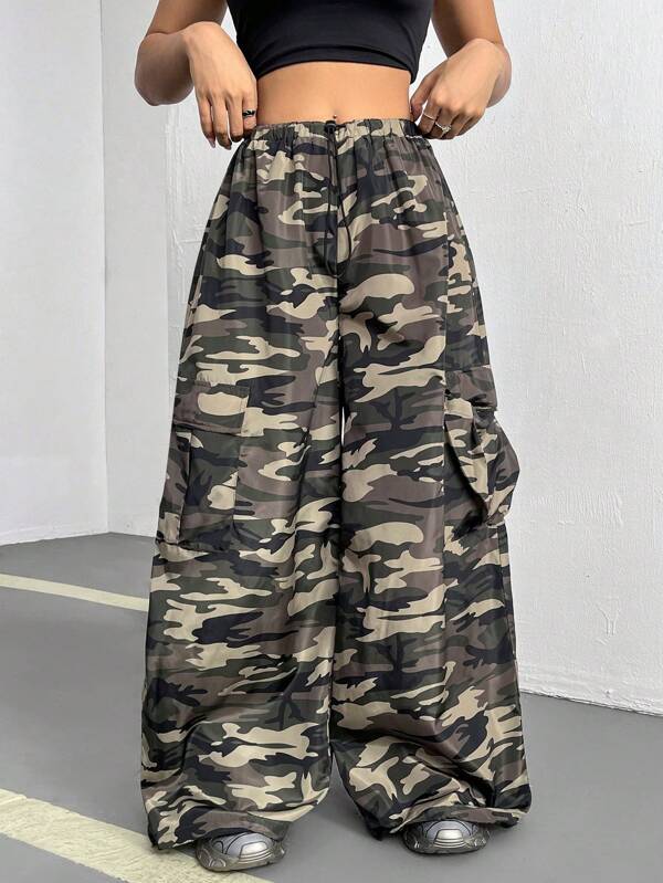 Coolane Pantaloni de parașuta cu talie joasă de camuflaj