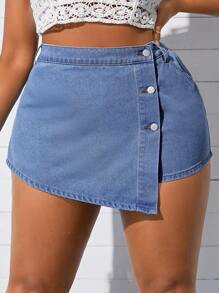 SHEIN SXY Women's Plus Size Buttoned Trousers With Diagonal Placket - Blue - View 4