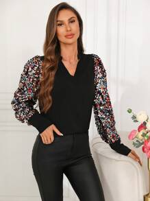 SHEIN Clasi 女款拼布凹口領閃亮泡泡袖襯衫 - 彩色 - 查看 1