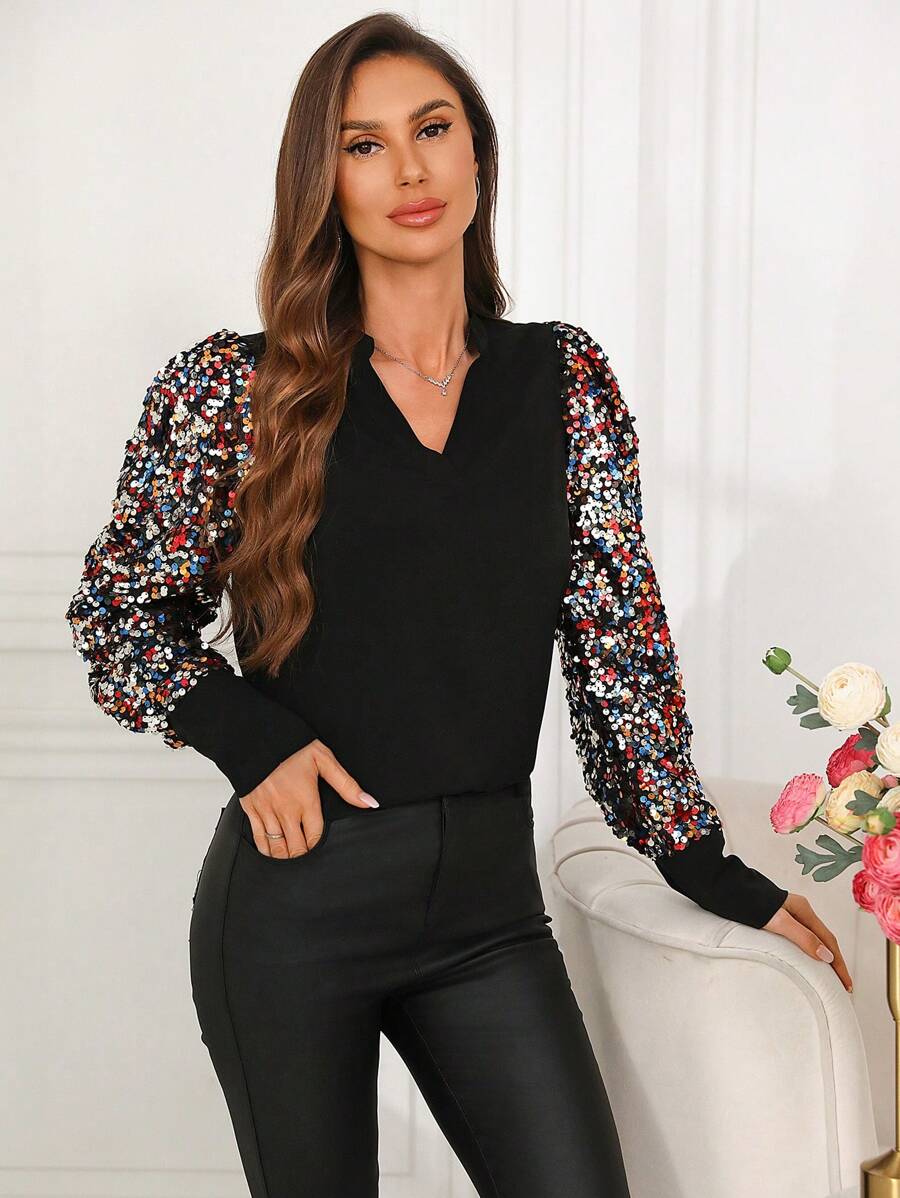 SHEIN Clasi 女款拼布凹口領閃亮泡泡袖襯衫 - 彩色 - 查看 1