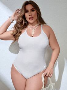SHEIN Swim Curve 大码女士荷叶边连体泳衣夏季 - 米色 - 查看 5