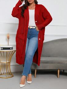 SHEIN LUNE Suéter En Cardigan Largo Para Mujer De Talla Grande Con Cierre De Botones Y Color Sólido - Rojo - Ver 3