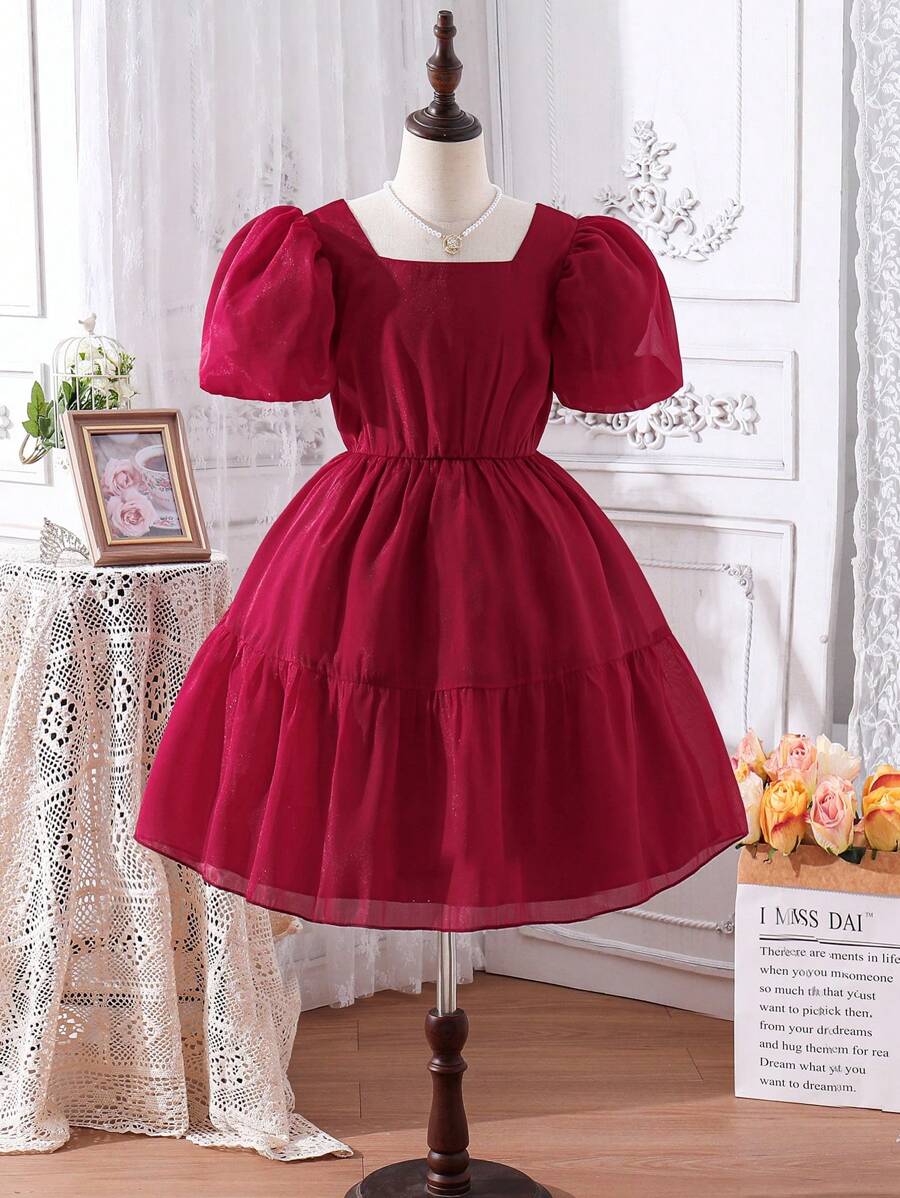 SHEIN Tween Girl Simple Puff Sleeve Dress, Spring/Summer New Arrival - Burgundy - View 1