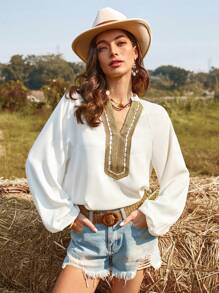 Aveloria Women's Notched Collar Lantern Sleeve Shirt