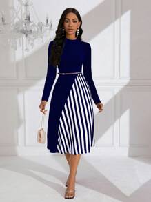 Lunelith SHEIN Lunessa Striped Pattern Long Sleeve Belted Dress (Belt Not Included) Maxi Women Outfit - Navy Blue - View 5