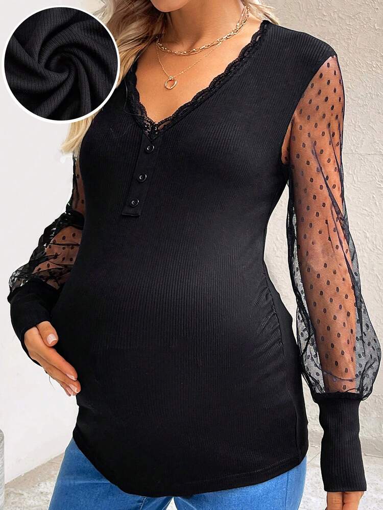 Maternity Polka Dot Mesh Contrast T-Shirt