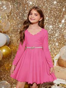 SHEIN 女孩優雅針織波浪爛花圖案長袖連身裙 - 西瓜粉 - 查看 1