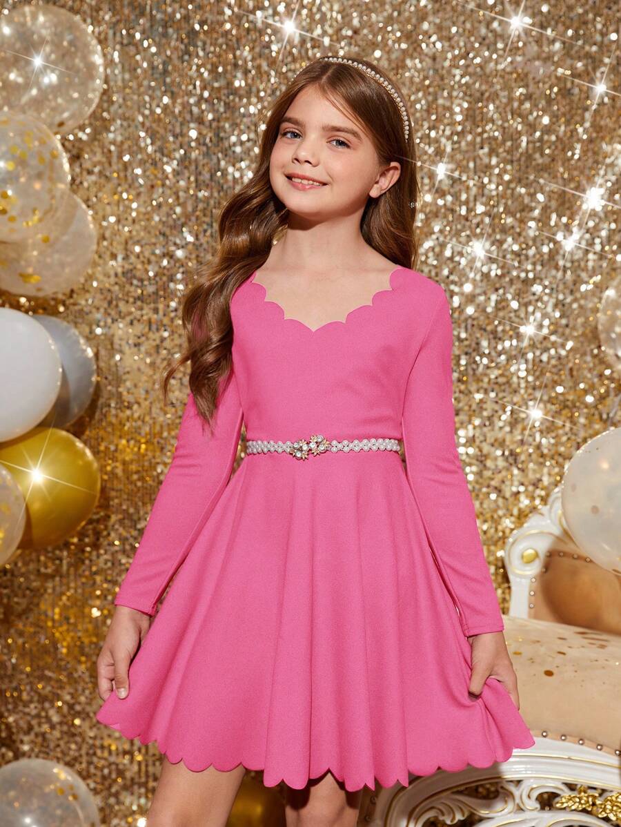 SHEIN 女孩優雅針織波浪爛花圖案長袖連身裙 - 西瓜粉 - 查看 1