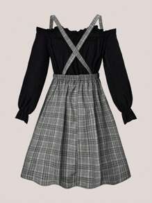 Franclia Bell Sleeve Plaid Two-In-One Dress Fall Cloth For Women - Grey - View 2