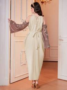 Modelyn Women'S Shiny Long Sleeve Off Shoulder Dress Long Evening Dresses - Apricot - View 2
