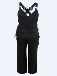 SHEIN LUNE Kích thước lớn Bowknot In Cami ngọn Có nhẫn Chi tiết Và Quần Bộ - Nhiều màu - Xem 2