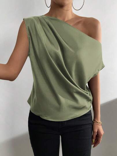 Ciel Poise Ciel Poise Áo cánh bằng vải satin cổ bất đối xứng tay cánh dơi một bên vai