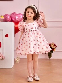 SHEIN Young Girl Square Neck Puff Sleeve Mesh Strawberry Pattern Dress - Multicolor - View 6