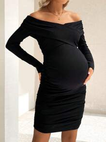 SHEIN 孕婦交叉露肩百褶連身裙 - 黑色 - 查看 8