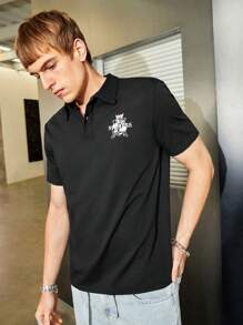 Mainfolk Men's Short Sleeve Polo Shirt With Letter Print - Black - View 3