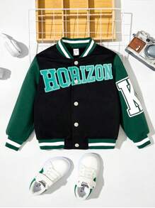 SHEIN Boys' Casual Comfortable Patchwork Contrast Color English Letter Pattern Baseball Jacket - Black - View 1