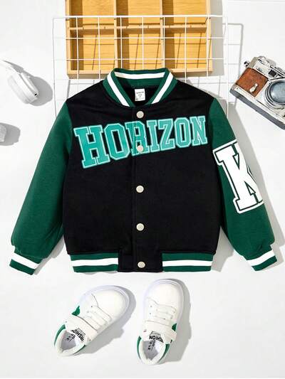 Boys' Casual Comfortable Patchwork Contrast Color English Letter Pattern Baseball Jacket
