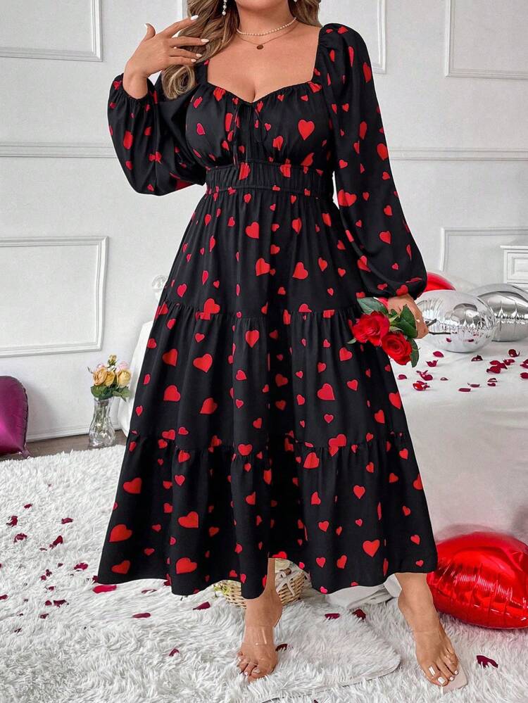 Plus Size Women's Sweetheart Neckline Heart Printed Dress Fall Cloth For Women