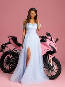 3D 花卉露肩薄纱优雅晚礼服 - 淺藍色 - 查看 5