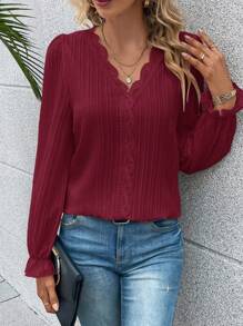 EMERY ROSE Lace Trimmed Long Sleeve Blouse Fall Cloth For Women - Burgundy - View 3