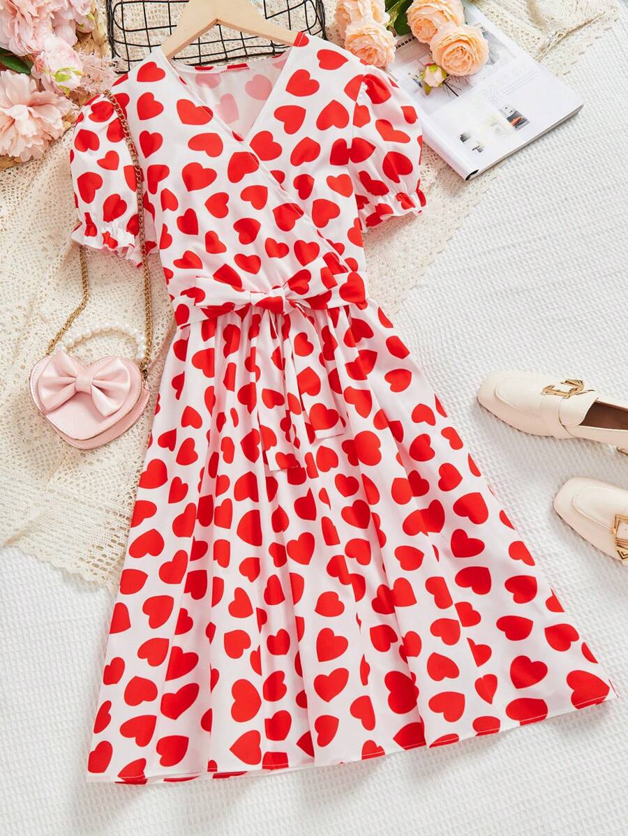 Vestido Para Adolescente De Cuello Envuelto Con Patrón De Corazones - Blanco - Ver 1