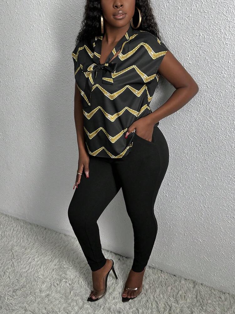 2pcs Set Women Business Tie Bow Combination Tank Top & Gold Wavy Print Pants