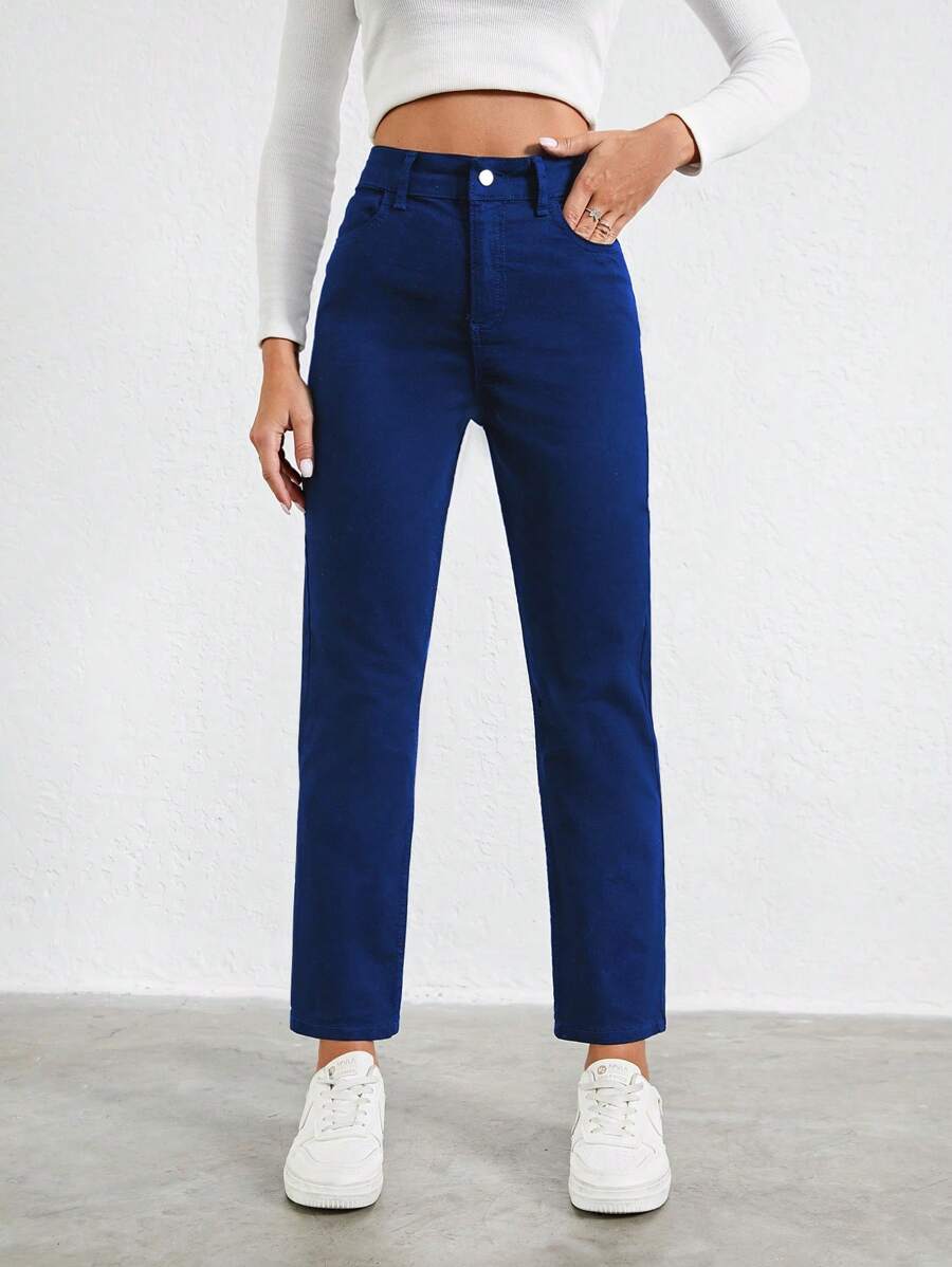 RueChic Màu thuần Thẳng Quần denim - Rửa tối - Xem 1