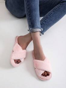 Cross Bag Fashion Women's Home Slippers Flat Heel Open Toe Slippers All Seasons Furry Slippers For Female - Pink - View 2