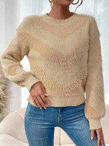 SHEIN LUNE Women's Loose Fuzzy Sweater With Dropped Shoulder Knit Pullover Fall Winter Sweater - Khaki - View 5