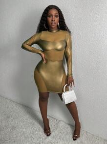 Slaydiva Vestido Ceñido Para Mujer Con Cuello De Soporte Y Detalles De Malla