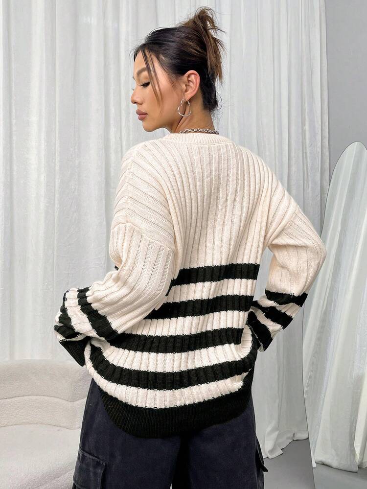 Round Neck Striped Knit Pullover Fall Winter Sweater