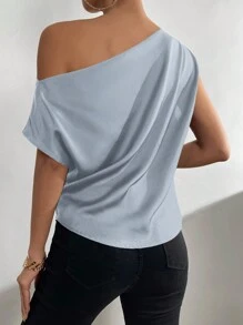 Chiquease Asymmetrical Neck Ruched Shoulder Blouse One Shoulder Top - Dusty Blue - View 3