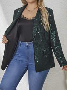 SHEIN Clasi Plus Size Shiny Lapel Sequin Blazer Jacket - Dark Green - View 3