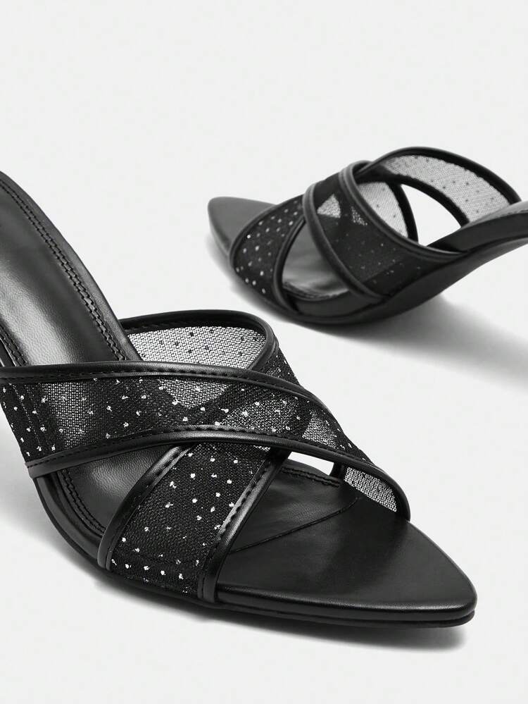 Women'S Low/High Heeled Sandals With Black Mesh Fabric Design