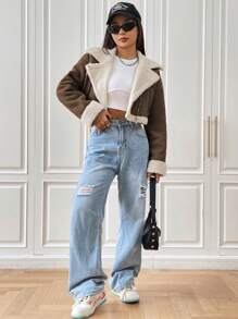 SHEIN EZwear Lót Teddy Dây kéo mặt trước Dệt Áo khoác - màu nâu - Xem 4