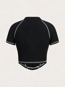 SHEIN ICON 撞色縫線正面拉鍊 T 卹 - 黑色 - 查看 2