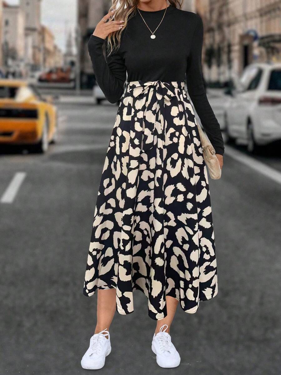 SHEIN LUNE 长袖豹纹印花A字长裙女装秋季服装 - 彩色 - 查看 1
