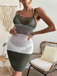 Breezaya Women's Color-Block Knitted Spaghetti Strap Sweater Dress