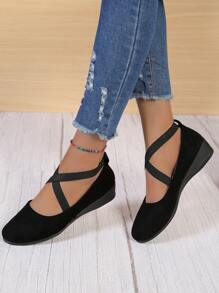 Elegant Black Court Wedge Shoes For Women, Cross Strap Faux Suede Shoes