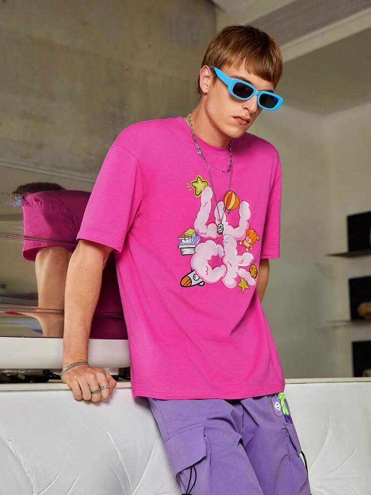 Loose Fit Men's Casual Cartoon & Letter Print Round Neck T-Shirt