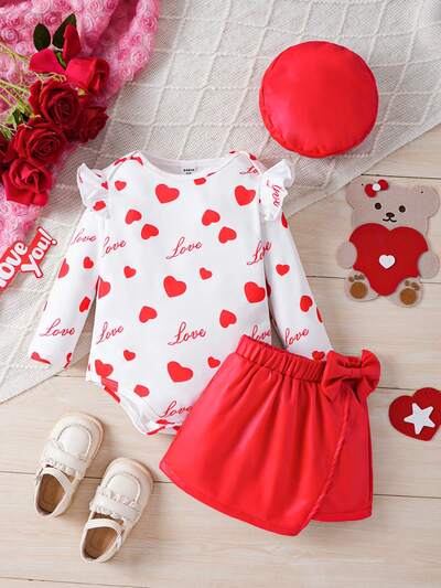 Infant Girls' Heart Pattern Printed Bodysuit And Stylish Bowknot Skirt Set