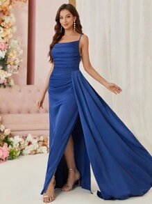 SHEIN Belle 褶皺、開衩、飄帶和細肩帶伴娘禮服 - 藍色 - 查看 3