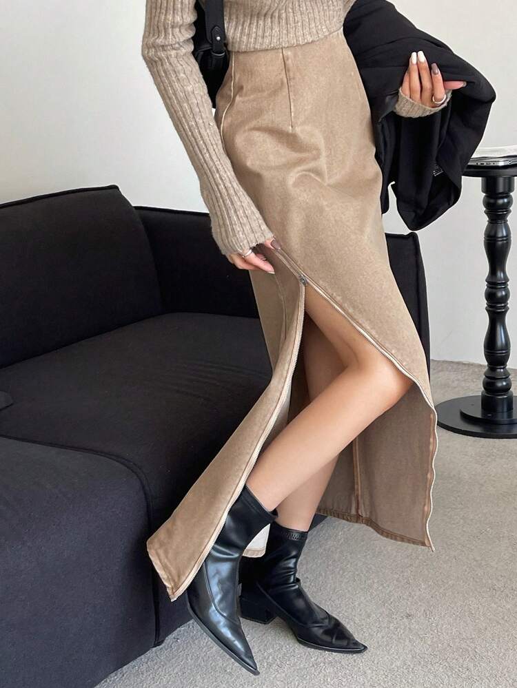 Women'S Solid Color Zipper & Slit Design Denim Skirt Jeans Skirt