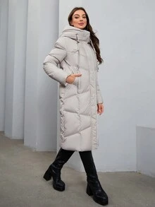Women Hooded Padded Coat With Drawstring And Fur Trim - Apricot - View 4